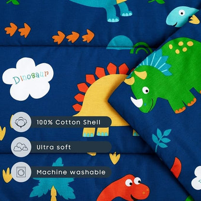 Wake In Cloud - Toddler Nap Mat with Pillow and Blanket, 100% Cotton Fabric, for Kids Boys Girls in Daycare Kindergarten Preschool, Roll Up Sleeping Bag, Dinosaur Navy, Extra Long