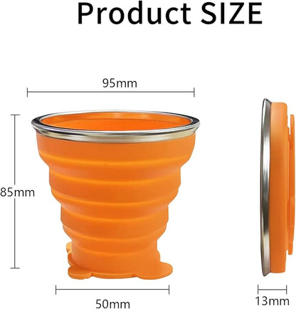 2 Pcs Collapsible Cup, Silicone Collapsible Travel Cup, Expandable Folding Camping Drinking Cup with Lids Reusable Small Portable Mugs Cup for Travel, Camping, Hiking,Outdoor Sports (Orange&Green)