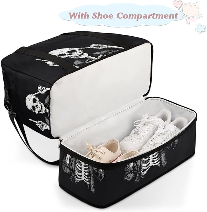 Sports Gym Bag, Human Skeleton Skull Halloween Travel Duffel Bag with Shoes Compartment Waterproof Overnight Bag Workout Weekender Bag Boys Girls Yoga Dance Bag Gym Tote Bag for Women Men