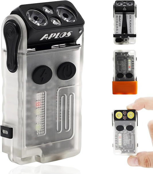 APLOS V20 Small Powerful EDC Flashlight with Multi-Color COB Light, 1000LM USB C Rechargeable IP67 Mini Keychain Flash Light with 180° Head Rotary, Two-Way Clip, Magnet, Camping Light Shade (White)