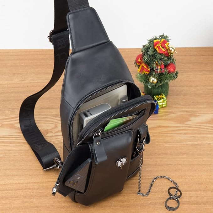 Vintage Genuine Leather Sling Bag Backpack for Men Crossbody with Cellphone Stand Chain Chest Shoulder Crossbody Daypack Black