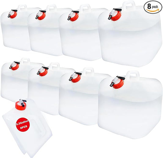42Gallon Water Storage Container, 8PCS x 5.3Gal/20L, Emergency Water Jug Bags with Spigot, Collapsible Water Containers, BPA-Free Water Bottle Survival Kit for Outdoor Fishing, Camping, Hiking
