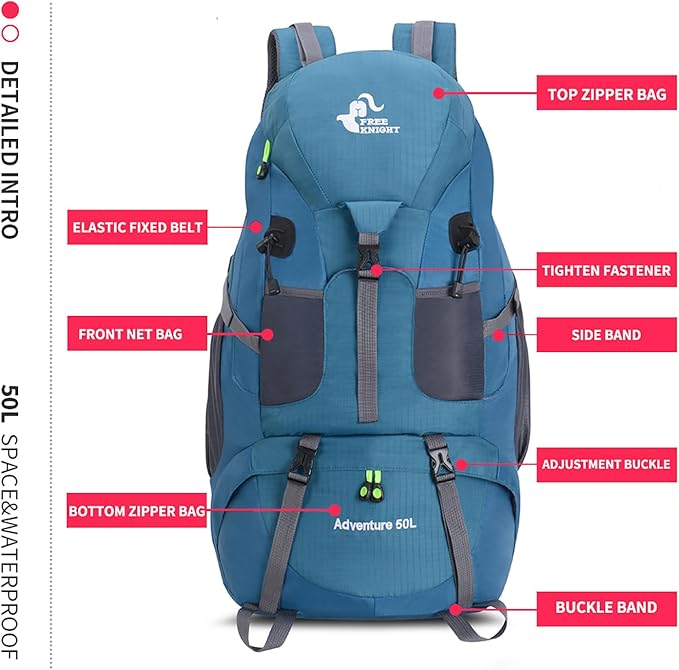 Bseash 50L Hiking Backpack, Water Resistant Lightweight Outdoor Sport Daypack Travel Bag for Camping Climbing Touring (Blue Green - With Shoe Compartment)
