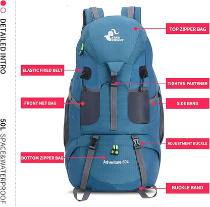 Bseash 50L Hiking Backpack, Water Resistant Lightweight Outdoor Sport Daypack Travel Bag for Camping Climbing Touring (Blue Green - With Shoe Compartment)
