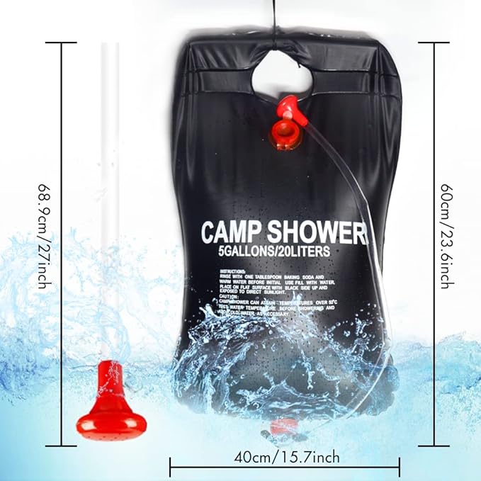 Felicia Portable Solar Heated Camp Shower Bag, 5Gallons/20L PVC Outdoor Shower Bag with Temperature 50°C On/Off Switch Shower Head for Camping Beach Hiking
