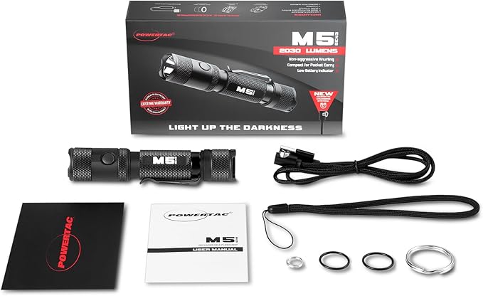 PowerTac M5 GEN3 - The Crescent Wrench of Tactical LED Rechargeable Flashlights. Intense 2030 Lumens, 330M Throw with Ample Fill for Closer Distances, Enhanced Magnetic Charging