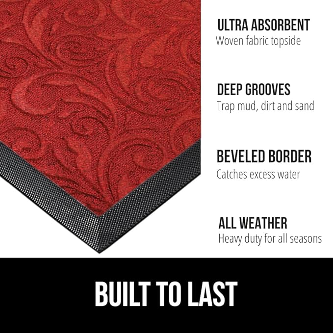 GORILLA GRIP 100% Waterproof All-Season WeatherMax Doormat, Durable Natural Rubber, Stain and Fade Resistant, Low Profile, Indoor Outdoor Doormats, Easy Clean Patio Entry Mat, 17x29, Red Vintage Wine