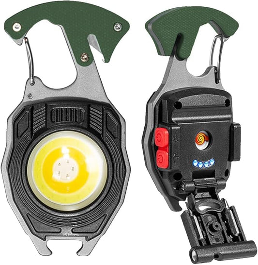 LED Small Keychain Flashlight Multitool, Rechargeable Light, High Lumens Super Bright COB Mini Work Light, 7 Lighting Modes with Electric Lighter, Seat Belt Cutter, Screwdriver, Whistle