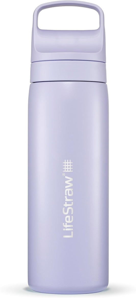 LifeStraw Go Series – Double Wall BPA-Free Vacuum Insulated 18 oz Stainless Steel Water Filter Bottle for travel and everyday use; Provence Purple