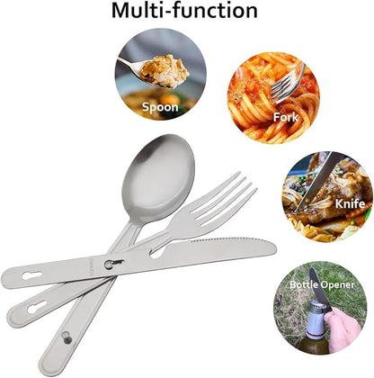 4-in-1 Camping Utensils Hiking Cutlery Set for 4, Portable Stainless Steel Flatware Spoon Fork, Knife & Bottle Opener Combo pack for Picnic Travel, Barbecue, Backpack Outdoor Gear with Carrying Bag
