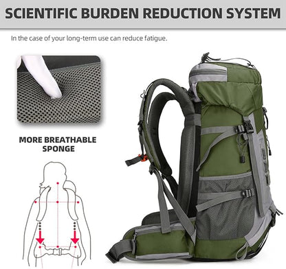 60L Hiking Backpack Large Waterproof Camping Backpack for Men and Women Lightweight Frameless Backpacking Backpack with Rain Cover (Army Green)