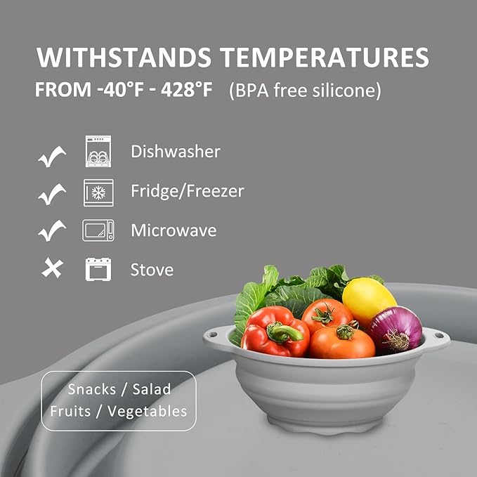 Silicone Camping Bowl 88oz Collapsible Silicone Salad Bowl Large Silicone Bowl for Outdoor Hiking Travel(Light Grey)