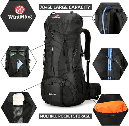 King'sGuard Hiking Backpack for Men and Women 70L+5L Waterproof Lightweight Camping Daypack with Rain Cover - Frameless (black-b)