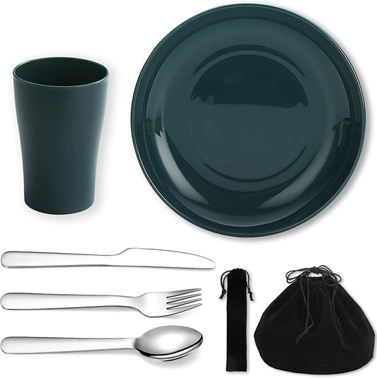 Camping Utensils Mess Kit, Including Camping Spoon, Fork, Knife, Plate and Cup Packed in a Portable Bag, Easy to Carry, Dishwasher Safe