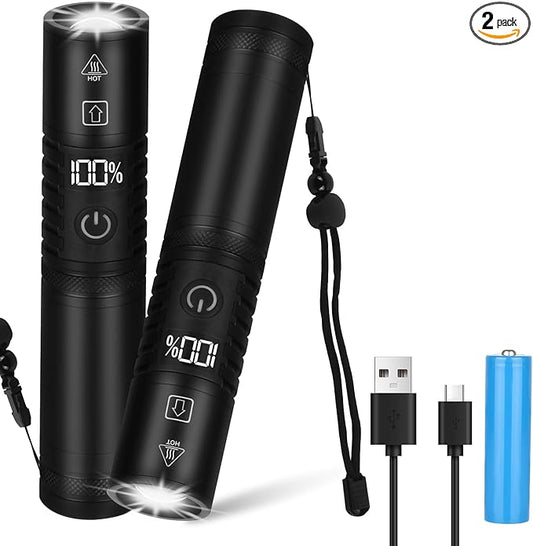 Semlos 1500 Lumens Zoomable Flashlights, High Power LED Torch Lights with 3 Modes, Portable Outdoor Camping Lights with Screen Display, 2 Packs
