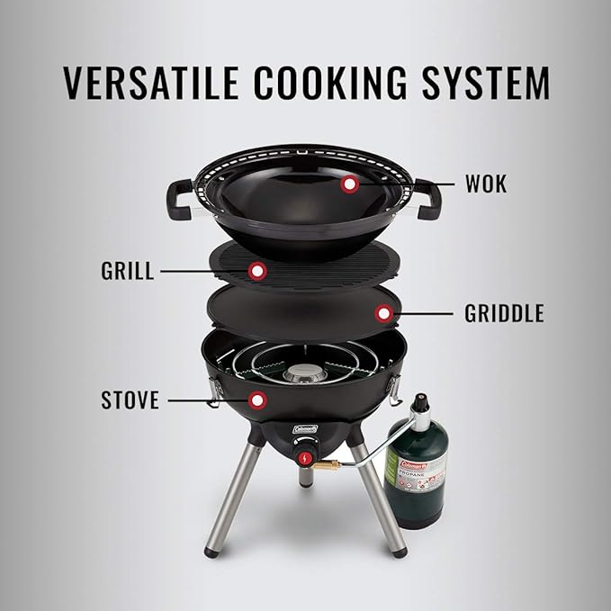 Coleman 4-in-1 Portable Propane Camping Stove, Includes Stove, Wok, Griddle & Grill; Camping Grill with Instastart Ignition, Grease Tray, & 7000 BTUs of Power for Camping, Tailgating, Grilling