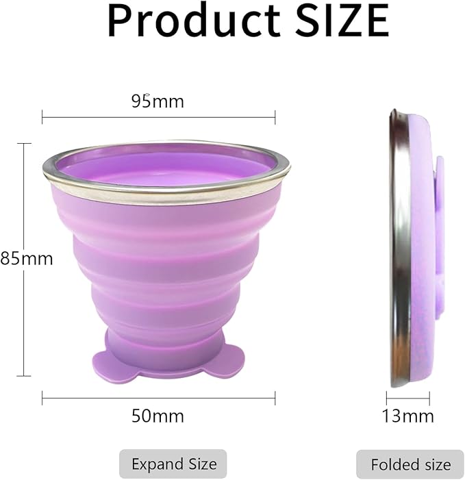 2 pcs 180ML Silicone Small Foldable Cup-Expandable Folding Drinking Cup -Reusable Portable Mugs Cup with Lids For Travel, Camping, Hiking, Survival, Holiday, Outdoor Sports Purple+Grey