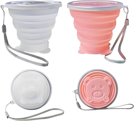 2 PCS Collapsible Cup - Silicone Small Foldable Cup-Expandable Folding Drinking Cup -Reusable Portable Mugs Cup with Lids For Travel, Camping, Hiking, Survival, Holiday Vacation White+Pink