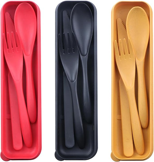 Reusable Travel Utensils Set with Case, 3 Sets Wheat Straw Portable Plastic Fork Spoons Knife Camping Cutlery, Eco-Friendly BPA Free Lunch Tableware Travel Picnic Utensils for Kids Adults Daily Use…