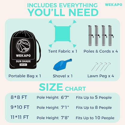 WEKAPO Beach Tent Sun Shelter - Easy Setup Beach Canopy with 4 Sturdy Poles, Extra Large Sandbags and Shovel, 7'8'' Tall, Windproof Sun Shade for Backyard and Camping, UPF 50+ Protection
