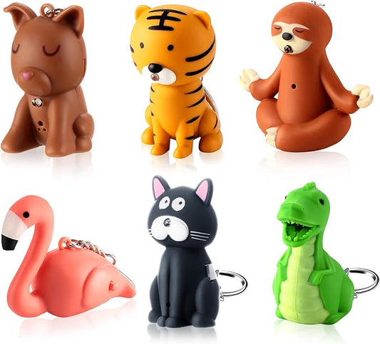 6 Pieces Nurse Flashlight Pediatric Nurse Flashlight Keychain Animal Flashlight Puppy Keychain Tiger Flamingo Sloth Dinosaur Cat Flashlight Keychain Pen Lights for Nurses Badge Reel