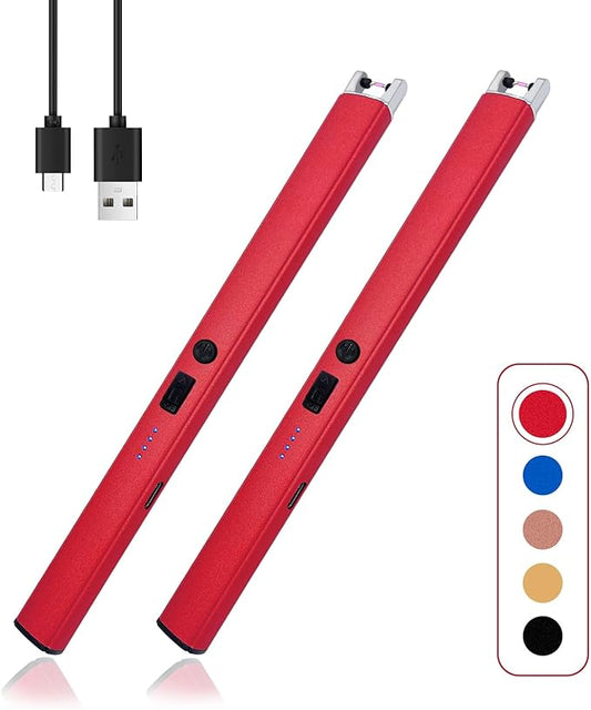 2 PCS Candle Lighter,Windproof Flameless Electric Lighter with LED Power Display ＆ Safety Switch, Upgraded Plasma USB Rechargeable Lighter for Birthday Camping BBQ （Red）