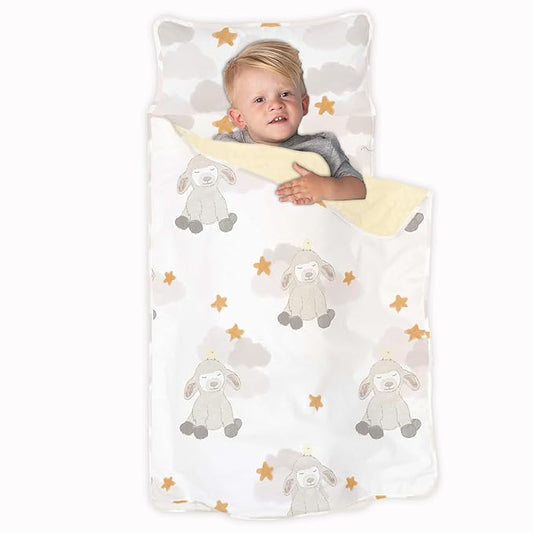 JumpOff Jo - Toddler Nap Mat - Sleeping Bag for Kids with Removable Pillow and Ultra Soft Blanket for Preschool, Daycare, and Sleepovers - Little Lamb