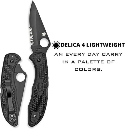 Spyderco Delica 4 Lightweight Signature Knife with 2.90" Saber-Ground Black Steel Blade and FRN Handle - CombinationEdge - C11PSBBK