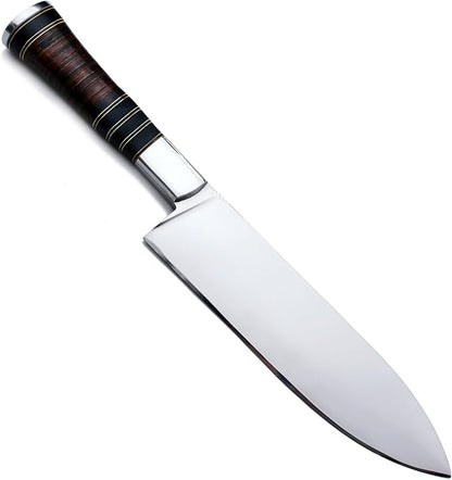 GCS Handmade Stacked Leather Handle D2 Tool Steel Chef Knife with leather Buffalo Hide Sheath 130