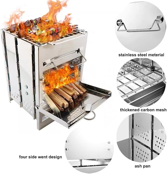Portable Camping Stove Mini Wood Burning Stove Rocket Stove Folding Stainless Steel Camp Stove Compact Lightweight Backpacking Stove for Tent Outdoor Hiking Cooking BBQ
