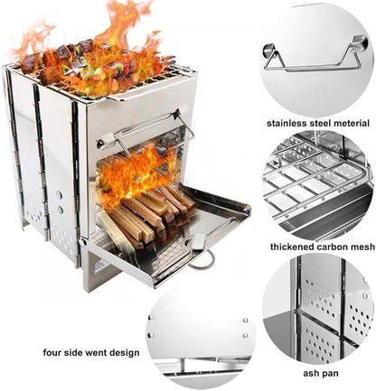 Portable Camping Stove Mini Wood Burning Stove Rocket Stove Folding Stainless Steel Camp Stove Compact Lightweight Backpacking Stove for Tent Outdoor Hiking Cooking BBQ