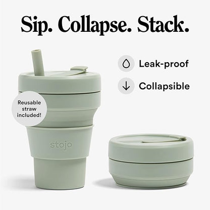 STOJO Collapsible Travel Cup With Straw - Sage Green, 16oz / 470ml - Reusable To-Go Pocket Size Silicone Bottle for Hot and Cold Drinks - Perfect for Camping and Hiking - Microwave & Dishwasher Safe