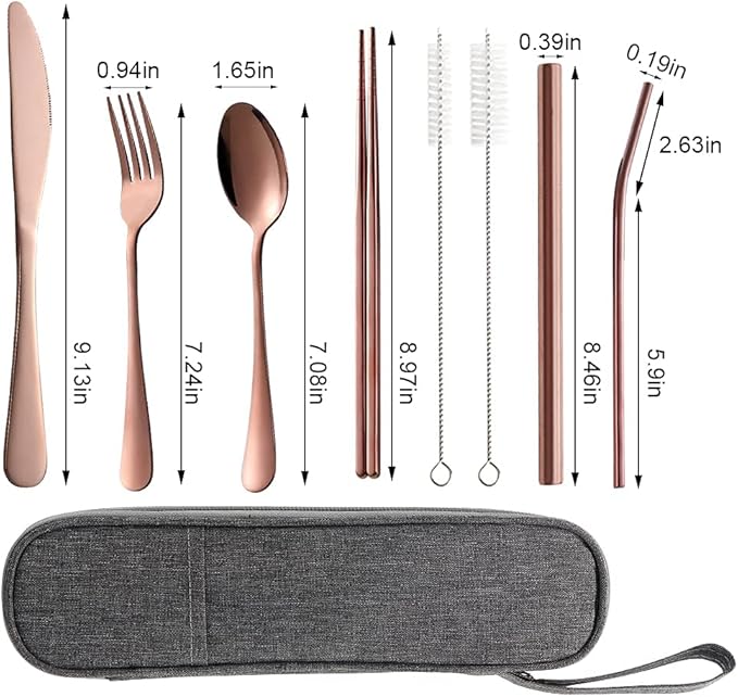 Portable Utensils Set,Reusable Travel Cutlery Set with Case Stainless Steel Flatware Set for Camping 8pcs Including Dinner Knife Fork Spoon Chopsticks Boba Straw (Rose gold)