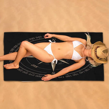 Compass Rose Beach Towel Oversized Quick Dry Beach Blanket Microfiber Sand Free Absorbent Lightweight Artwork Black Bath Towel for Pool Travel Swimming Camping Women Men