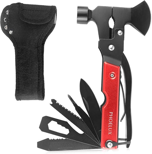 16-IN-1 Camping Multitool (Red) Axe Hammer Survival Gear with Knife, Pliers, Saw, Fish Descaler, Screwdriver, Bottle Can Opener and Nylon Sheath, Good for Outdoor, Camping and Hiking