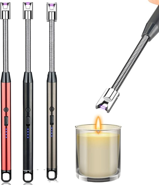 3 Pack Candle Lighter,Arc Lighter with USB Charging,Flameless Windproof,LED Battery Display,Safety Switch,Rotate 360 Degrees,for Aromatherapy,Candles,BBQ,Camping.(Red&Grey&Black)
