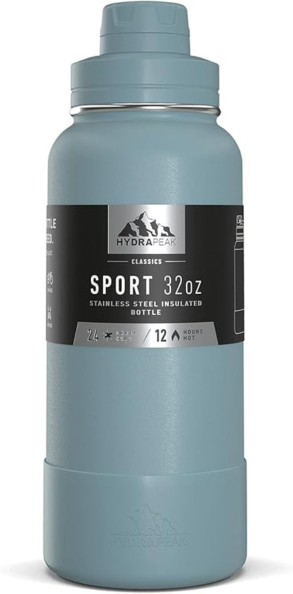 Hydrapeak 32oz Sport Insulated Water Bottle with Chug Lid, Leak & Spill Proof, Keeps Drinks Cold for 24 Hours, Hot for 12 Hours, Premium Stainless Steel Water Bottles (32oz, Modern Blue)