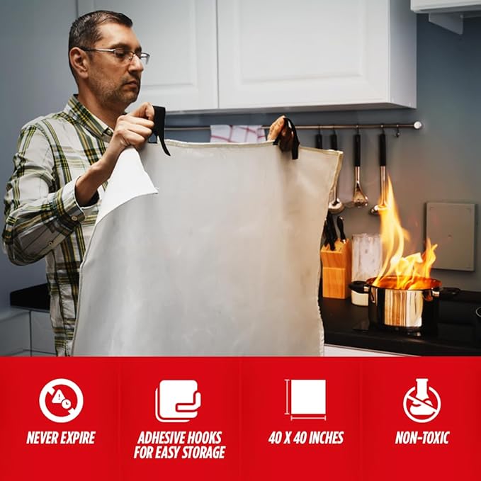 Guard Dog Security Fire Blanket with Reflective Strip & Hooks - Emergency Fire Blanket for Home and Kitchen, Fire Safety Blanket for Camping, Fireplace, Grill, BBQ, Car, Fire Retardant Blanket