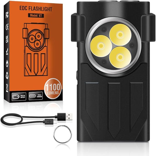 UniqueFire V7 Mini EDC Rechargeable Flashlight 1100 High Lumens, 365nm UV Blacklight 10 Modes Multi-Color Light Source, Small Pocket Keychain Flash light with Magnetic