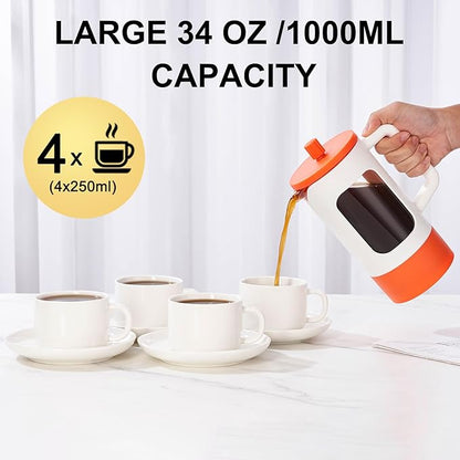 YOLIFE French Press Coffee Maker, 34 oz / 4 Cup Coffee Tea Press with Heat-resistant Borosilicate Glass, 4-Level Filtration Systems, Cold Brew Coffee Maker for Camping Travel Gifts, White and Orange