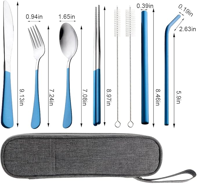 Travel Utensils with Case，Reusable Travel Cutlery Set with Case Stainless Steel Flatware Set for Camping 8pcs Including Dinner Knife Fork Spoon Chopsticks Boba Straw (Shining Blue)