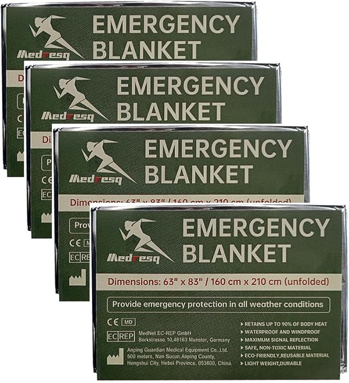 Emergency Blanket ，Portable Emergency Blanket Survival Gear Emergency Bivvy Thermal Sleeping Bag Camping ，Be Suitable for Outdoors, Hiking, Survival (Silver, 4 Pack)