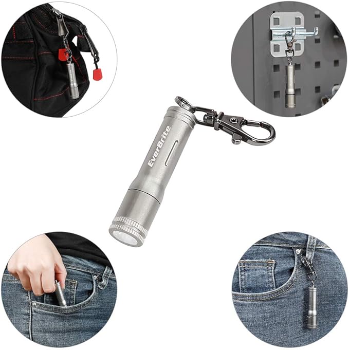 EverBrite Keychain LED Flashlight Mini Bright Key Ring Portable Pocket Torch for EDC, Party Favors, Night Reading, Camping, Power Outage, Emergency, AAA Battery Included, Gray