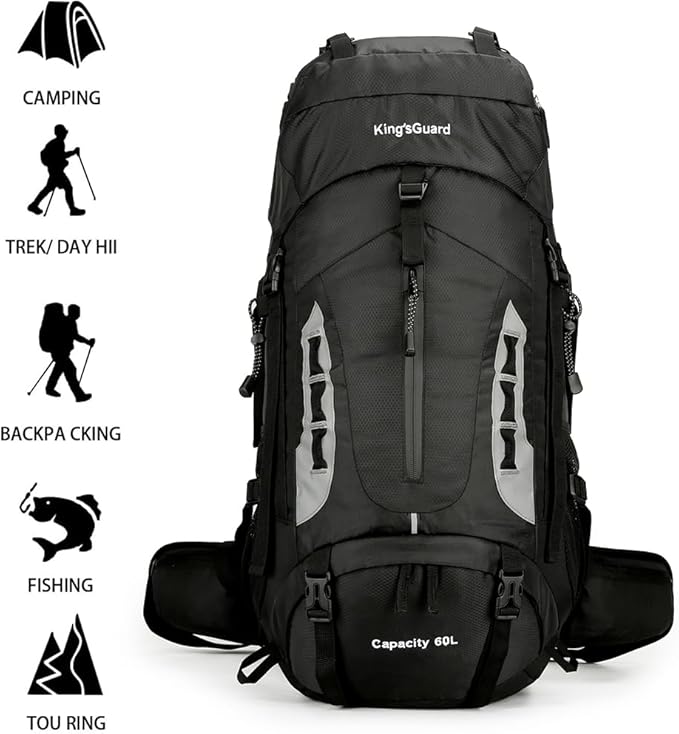 King'sGuard 60L Hiking Backpack Men Women Camping Backpack Waterproof Backpacking Mountaineering Climbing Daypack with Rain Cover (Black)