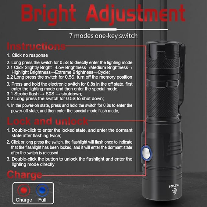 USB Rechargeable Flashlight, 1060 Lumens 7 Modes Waterproof Compact EDC Torch with Micro-USB Cable, Powered by CR123A Battery(Battery Not Included)