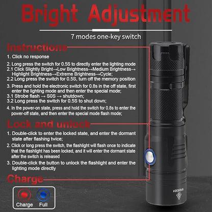 USB Rechargeable Flashlight, 1060 Lumens 7 Modes Waterproof Compact EDC Torch with Micro-USB Cable, Powered by CR123A Battery(Battery Not Included)