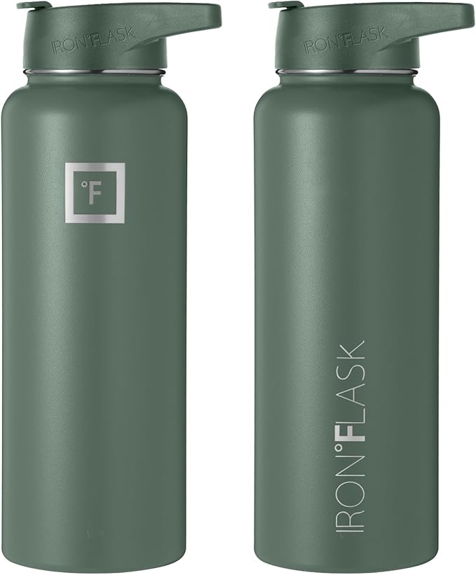 IRON °FLASK Camping & Hiking Hydration Flask, Wide Mouth, 3 Straw Lids, Stainless Steel Outdoor Water Bottle, Double Walled, Insulated Thermos, Metal Canteen - Sage, 40 Oz