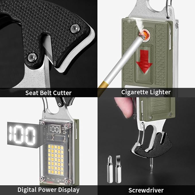 LED Small Flashlight, Keychain Light, COB Multi-Function Mini Work Light, 1000 Lumens Rechargeable, 8 Lighting Modes, Fire Starter, Seat Belt Cutter, Screwdriver, Green