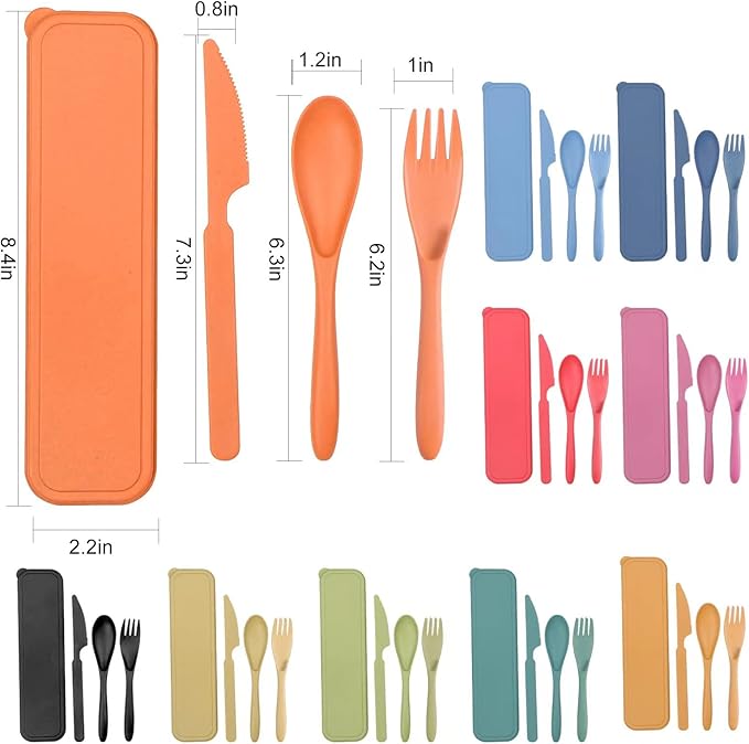 Reusable Travel Utensils Set with Case, 4 Sets Wheat Straw Portable Knife Fork Spoons Tableware, Eco-Friendly BPA Free Plastic Cutlery Travel Picnic Camping Utensils for Kids Adults Daily Use
