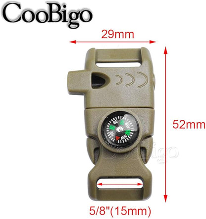 10Pack 5/8" Compass Whistle Buckle Plastic Paracord Bracelet Outdoor Camping Emergency Survival Travel Kits (Khaki)